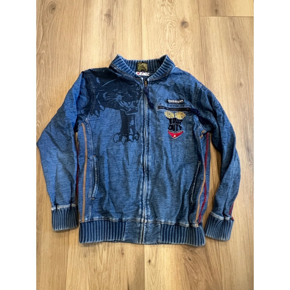 Ringspun Women's Blue Cotton Biker Jacket Embroidered Eagle Moto Rocker Coat